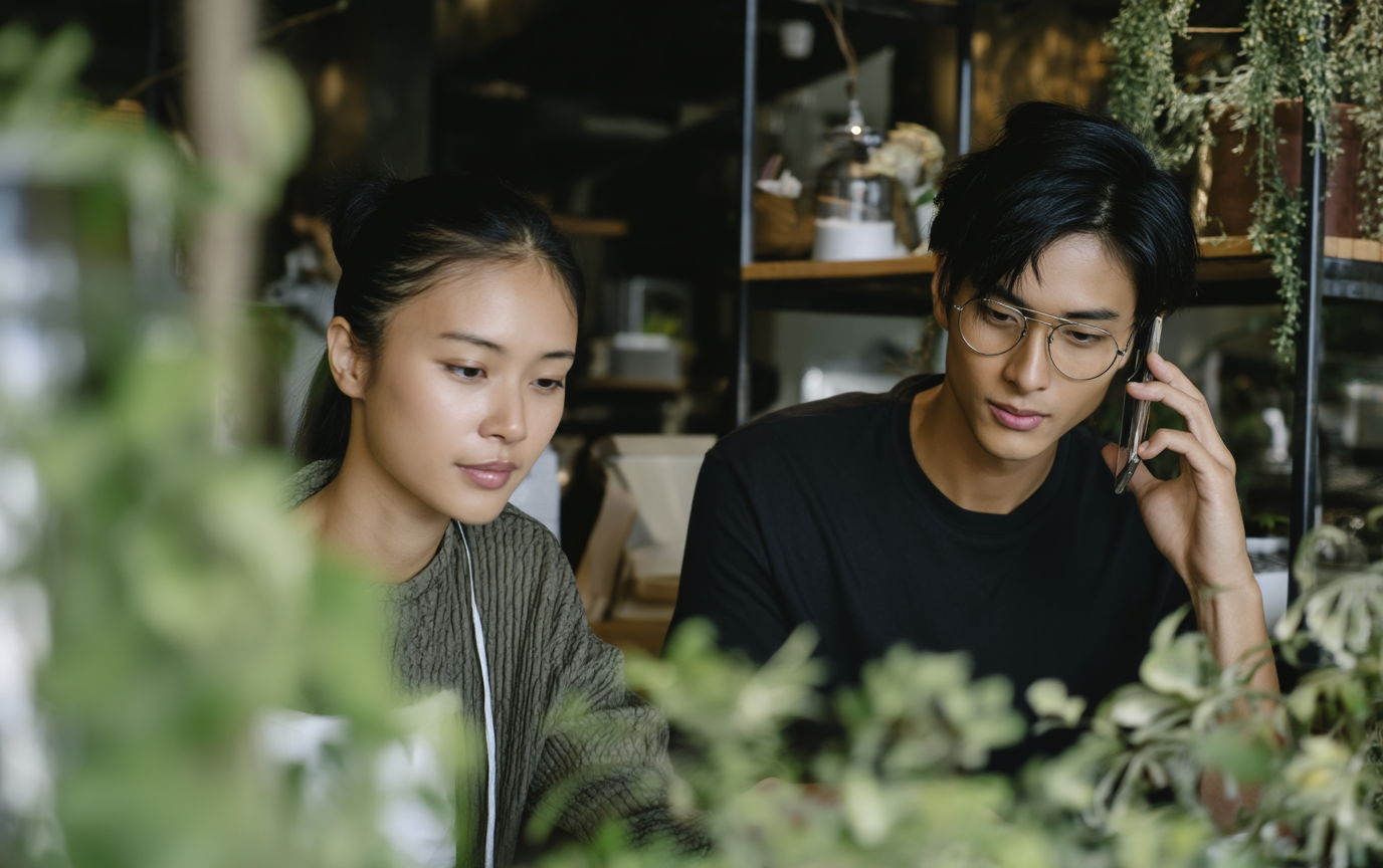 お問い合わせ - 東南アジア出身の若者たちが仕事について相談している様子